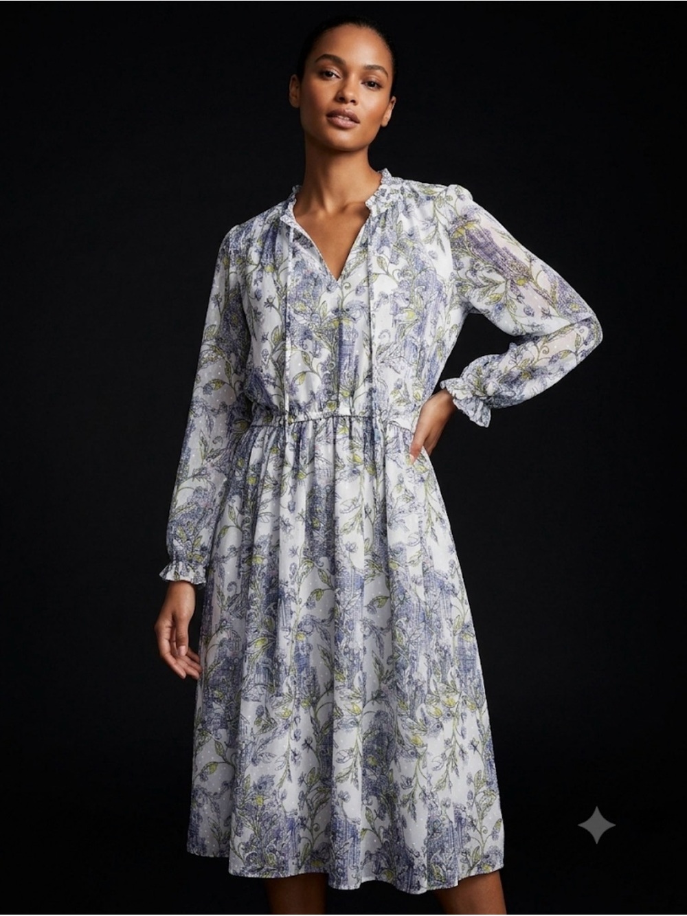 White Floral Long-Sleeve Midi Dress with Blue & Green Print